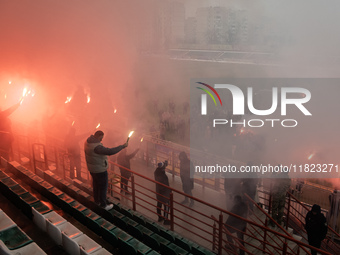 People attend a funeral ceremony for Ukrainian serviceman and founder of FC Obolon's ultras movement, Pavlo Vedybida, nicknamed ''Obolonchik...