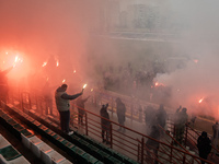 People attend a funeral ceremony for Ukrainian serviceman and founder of FC Obolon's ultras movement, Pavlo Vedybida, nicknamed ''Obolonchik...