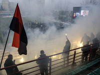 People attend a funeral ceremony for Ukrainian serviceman and founder of FC Obolon's ultras movement, Pavlo Vedybida, nicknamed ''Obolonchik...