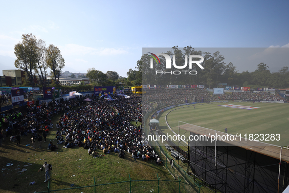 A general view of the TU Cricket ground in Kathmandu, Nepal, on November 30, 2024, as cricket supporters gather to watch the inaugural match...