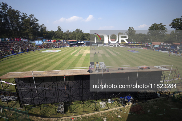 A general view of the TU Cricket ground in Kathmandu, Nepal, on November 30, 2024, as cricket supporters gather to watch the inaugural match...