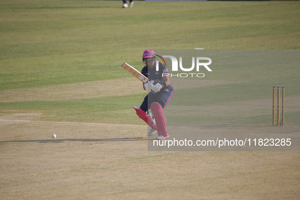 A player from Janakpur Bolts (Pink) plays a shot during the Nepal Premier League (NPL) in Kathmandu, Nepal, on November 30, 2024. 