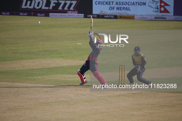 A player from Janakpur Bolts (Pink) plays a shot during the Nepal Premier League (NPL) in Kathmandu, Nepal, on November 30, 2024. 