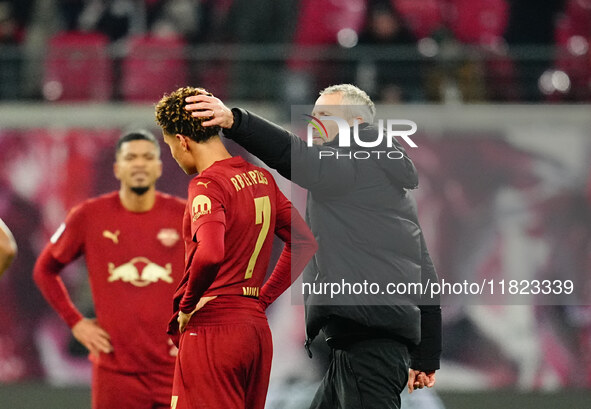 Marco Rose of RB Leipzig and Antonio Nusa of RB Leipzig with post game despair during the Bundesliga match between RB Leipzig and VfL Wolfsb...