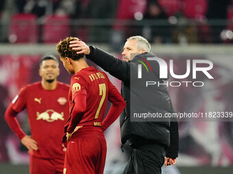 Marco Rose of RB Leipzig and Antonio Nusa of RB Leipzig with post game despair during the Bundesliga match between RB Leipzig and VfL Wolfsb...