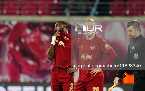 Lutsharel Geertruida of RB Leipzig  with post game despair during the Bundesliga match between RB Leipzig and VfL Wolfsburg at Red Bull Aren...