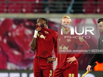 Lutsharel Geertruida of RB Leipzig  with post game despair during the Bundesliga match between RB Leipzig and VfL Wolfsburg at Red Bull Aren...