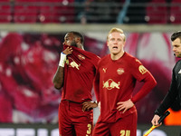 Lutsharel Geertruida of RB Leipzig  with post game despair during the Bundesliga match between RB Leipzig and VfL Wolfsburg at Red Bull Aren...