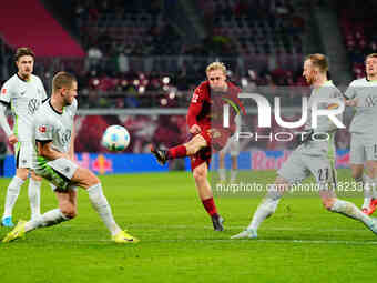 Xaver Schlager of RB Leipzig  shoots on goal during the Bundesliga match between RB Leipzig and VfL Wolfsburg at Red Bull Arena, Leipzig, Ge...