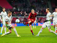 Xaver Schlager of RB Leipzig  shoots on goal during the Bundesliga match between RB Leipzig and VfL Wolfsburg at Red Bull Arena, Leipzig, Ge...