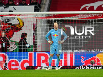 Peter Gulacsi of RB Leipzig  looks on during the Bundesliga match between RB Leipzig and VfL Wolfsburg at Red Bull Arena, Leipzig, Germany o...