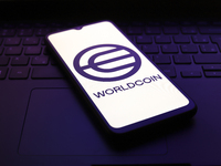 The Worldcoin logo appears on the screen of a smartphone in Reno, United States, on November 30, 2024. (