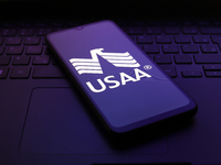 The United Services Automobile Association (USAA) logo appears on the screen of a smartphone in Reno, United States, on November 30, 2024. (