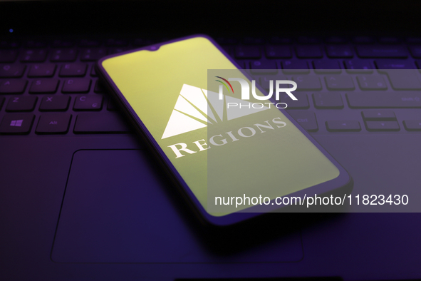 The Regions Financial Corporation (Regions Bank) logo appears on the screen of a smartphone in Reno, United States, on November 30, 2024. 