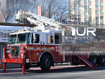 Large fire affects a strip mall in the Rego Park section of Queens, New York, United States on November 30, 2024. Around 11:00 am, Saturday...