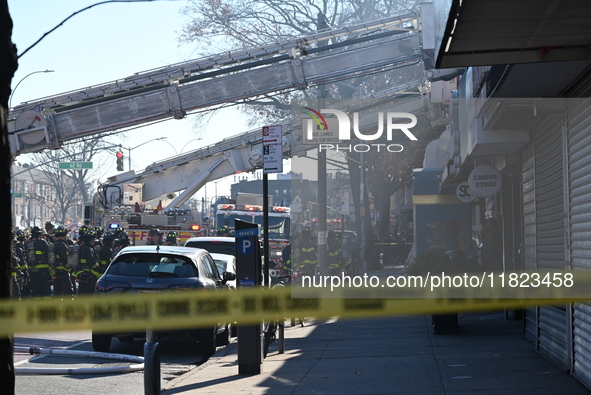 Large fire affects a strip mall in the Rego Park section of Queens, New York, United States on November 30, 2024. Around 11:00 am, Saturday...