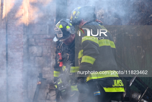 Large fire affects a strip mall in the Rego Park section of Queens, New York, United States on November 30, 2024. Around 11:00 am, Saturday...