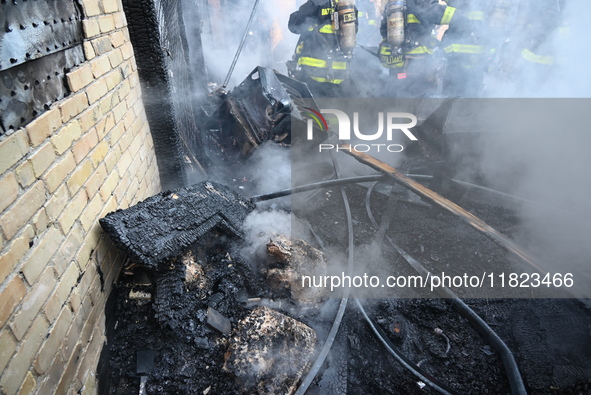 Large fire affects a strip mall in the Rego Park section of Queens, New York, United States on November 30, 2024. Around 11:00 am, Saturday...