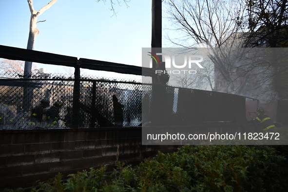 Large fire affects a strip mall in the Rego Park section of Queens, New York, United States on November 30, 2024. Around 11:00 am, Saturday...