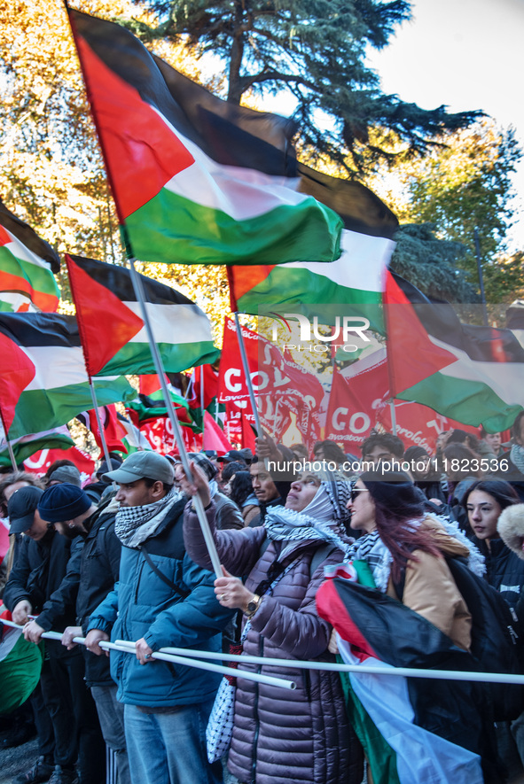 Citizens and activists gather to participate in a demonstration in solidarity with the Palestinian people in Rome, Italy, on November 30, 20...