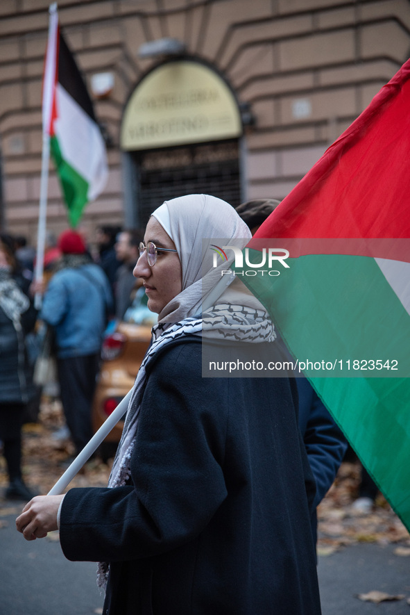 Citizens and activists gather to participate in a demonstration in solidarity with the Palestinian people in Rome, Italy, on November 30, 20...