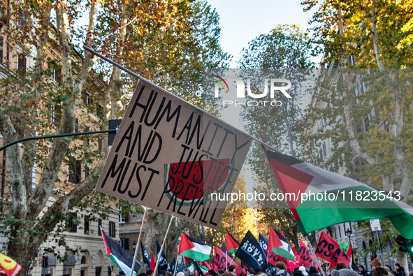 Citizens and activists gather to participate in a demonstration in solidarity with the Palestinian people in Rome, Italy, on November 30, 20...