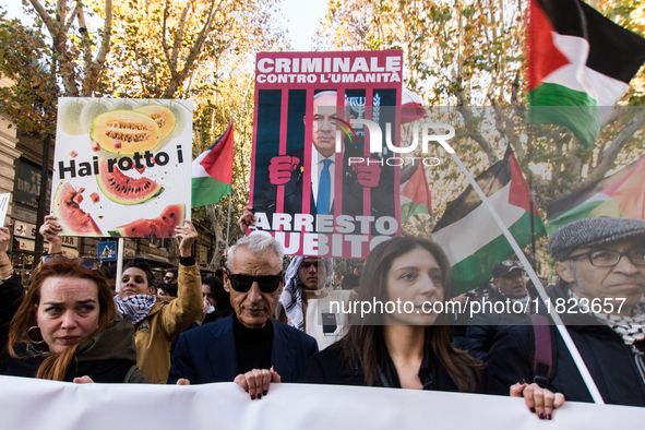 People and various associations participate in a national pro-Palestine demonstration in Rome, Italy, on November 30, 2024, against the geno...