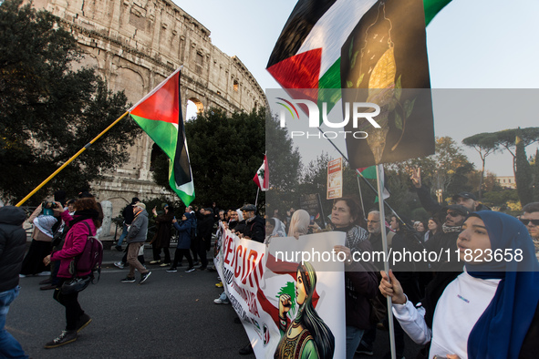 People and various associations participate in a national pro-Palestine demonstration in Rome, Italy, on November 30, 2024, against the geno...