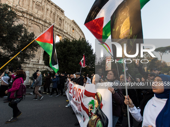 People and various associations participate in a national pro-Palestine demonstration in Rome, Italy, on November 30, 2024, against the geno...