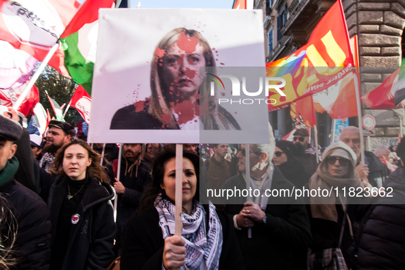 People and various associations participate in a national pro-Palestine demonstration in Rome, Italy, on November 30, 2024, against the geno...