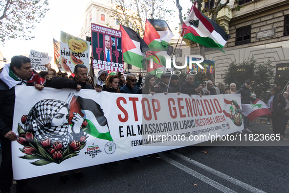 People and various associations participate in a national pro-Palestine demonstration in Rome, Italy, on November 30, 2024, against the geno...