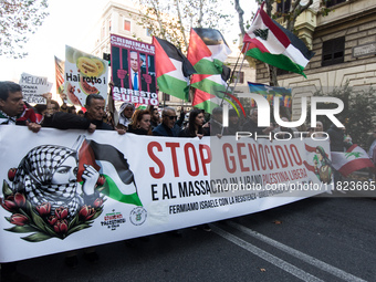 People and various associations participate in a national pro-Palestine demonstration in Rome, Italy, on November 30, 2024, against the geno...