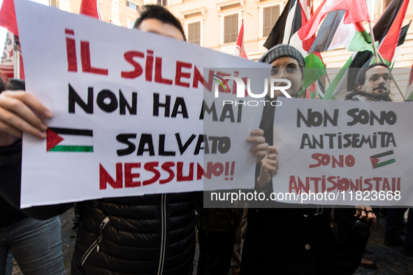 People and various associations participate in a national pro-Palestine demonstration in Rome, Italy, on November 30, 2024, against the geno...