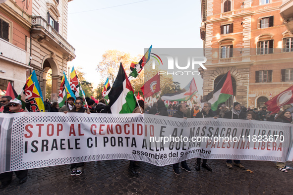 People and various associations participate in a national pro-Palestine demonstration in Rome, Italy, on November 30, 2024, against the geno...