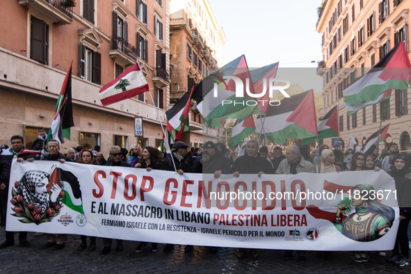 People and various associations participate in a national pro-Palestine demonstration in Rome, Italy, on November 30, 2024, against the geno...