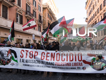 People and various associations participate in a national pro-Palestine demonstration in Rome, Italy, on November 30, 2024, against the geno...