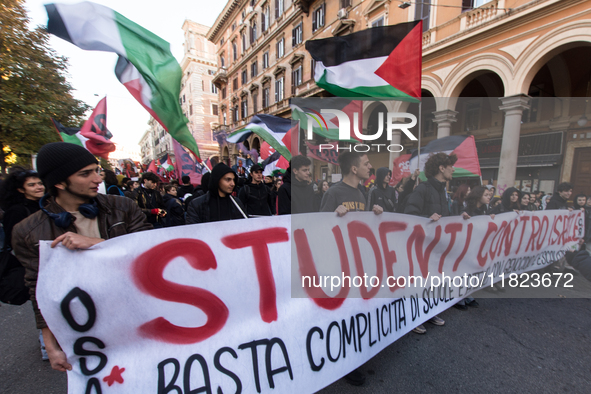 People and various associations participate in a national pro-Palestine demonstration in Rome, Italy, on November 30, 2024, against the geno...