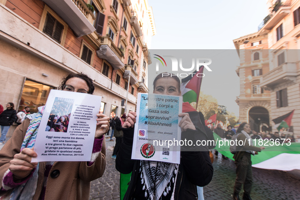 People and various associations participate in a national pro-Palestine demonstration in Rome, Italy, on November 30, 2024, against the geno...