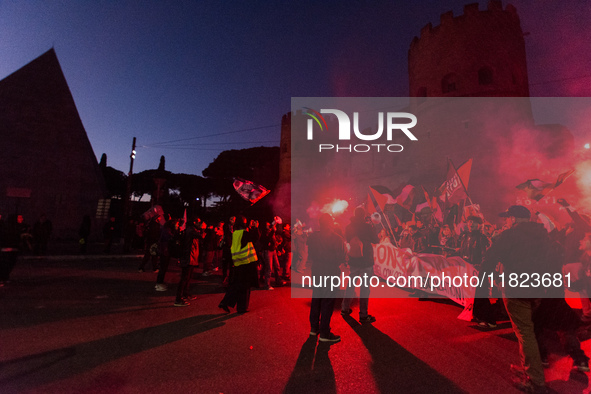 People and various associations participate in a national pro-Palestine demonstration in Rome, Italy, on November 30, 2024, against the geno...