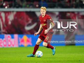 Nicolas Seiwald of RB Leipzig  controls the ball during the Bundesliga match between RB Leipzig and VfL Wolfsburg at Red Bull Arena, Leipzig...