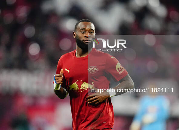 Lutsharel Geertruida of RB Leipzig  looks on during the Bundesliga match between RB Leipzig and VfL Wolfsburg at Red Bull Arena, Leipzig, Ge...