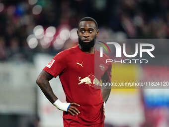 Lutsharel Geertruida of RB Leipzig  looks on during the Bundesliga match between RB Leipzig and VfL Wolfsburg at Red Bull Arena, Leipzig, Ge...