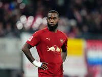 Lutsharel Geertruida of RB Leipzig  looks on during the Bundesliga match between RB Leipzig and VfL Wolfsburg at Red Bull Arena, Leipzig, Ge...