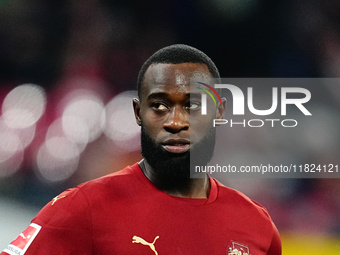 Lutsharel Geertruida of RB Leipzig  looks on during the Bundesliga match between RB Leipzig and VfL Wolfsburg at Red Bull Arena, Leipzig, Ge...