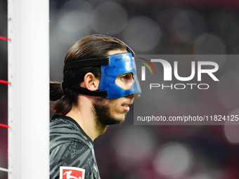 Kamil Grabara of VfL Wolfsburg  looks on during the Bundesliga match between RB Leipzig and VfL Wolfsburg at Red Bull Arena, Leipzig, German...