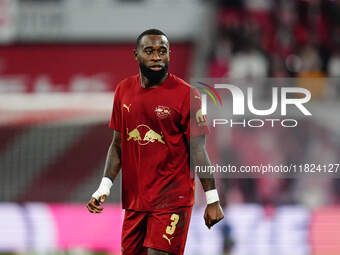 Lutsharel Geertruida of RB Leipzig  looks on during the Bundesliga match between RB Leipzig and VfL Wolfsburg at Red Bull Arena, Leipzig, Ge...