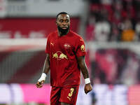 Lutsharel Geertruida of RB Leipzig  looks on during the Bundesliga match between RB Leipzig and VfL Wolfsburg at Red Bull Arena, Leipzig, Ge...