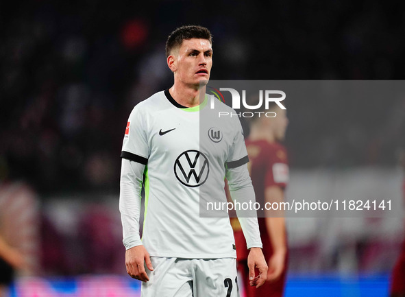 Joakim Maehle of VfL Wolfsburg  looks on during the Bundesliga match between RB Leipzig and VfL Wolfsburg at Red Bull Arena, Leipzig, German...