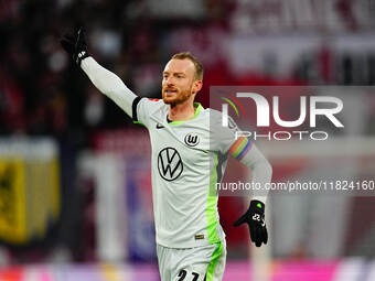 Maximilian Arnold of VfL Wolfsburg  gestures during the Bundesliga match between RB Leipzig and VfL Wolfsburg at Red Bull Arena, Leipzig, Ge...