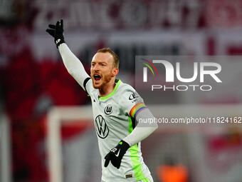 Maximilian Arnold of VfL Wolfsburg  gestures during the Bundesliga match between RB Leipzig and VfL Wolfsburg at Red Bull Arena, Leipzig, Ge...